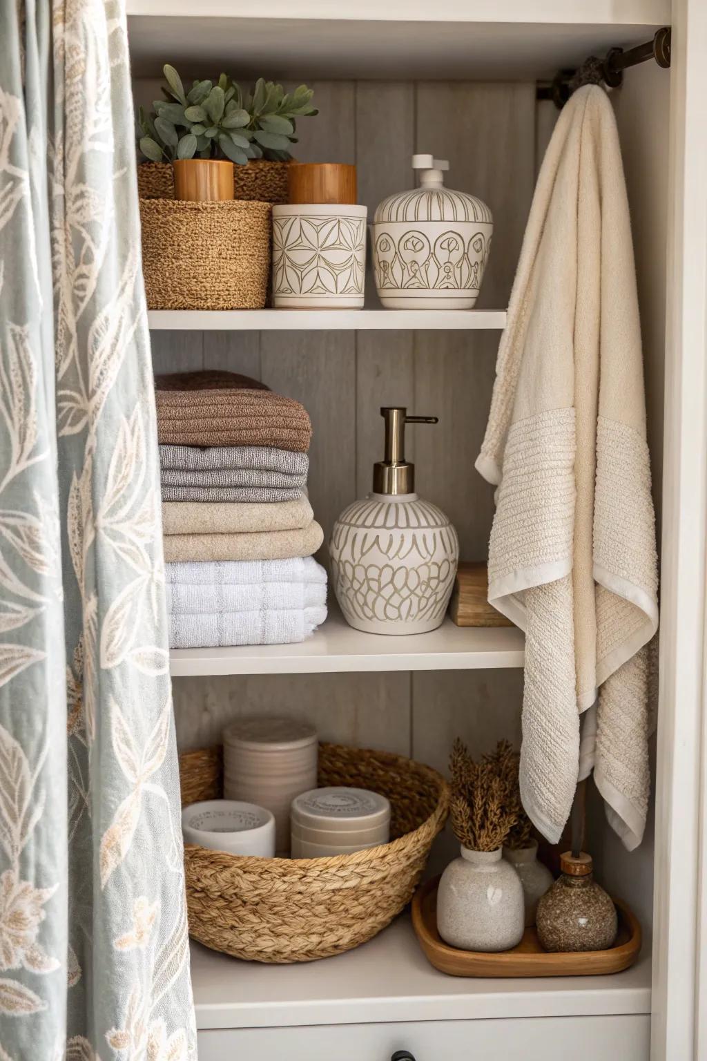 A symphony of ceramics and textiles appending depth to the bathroom storage.