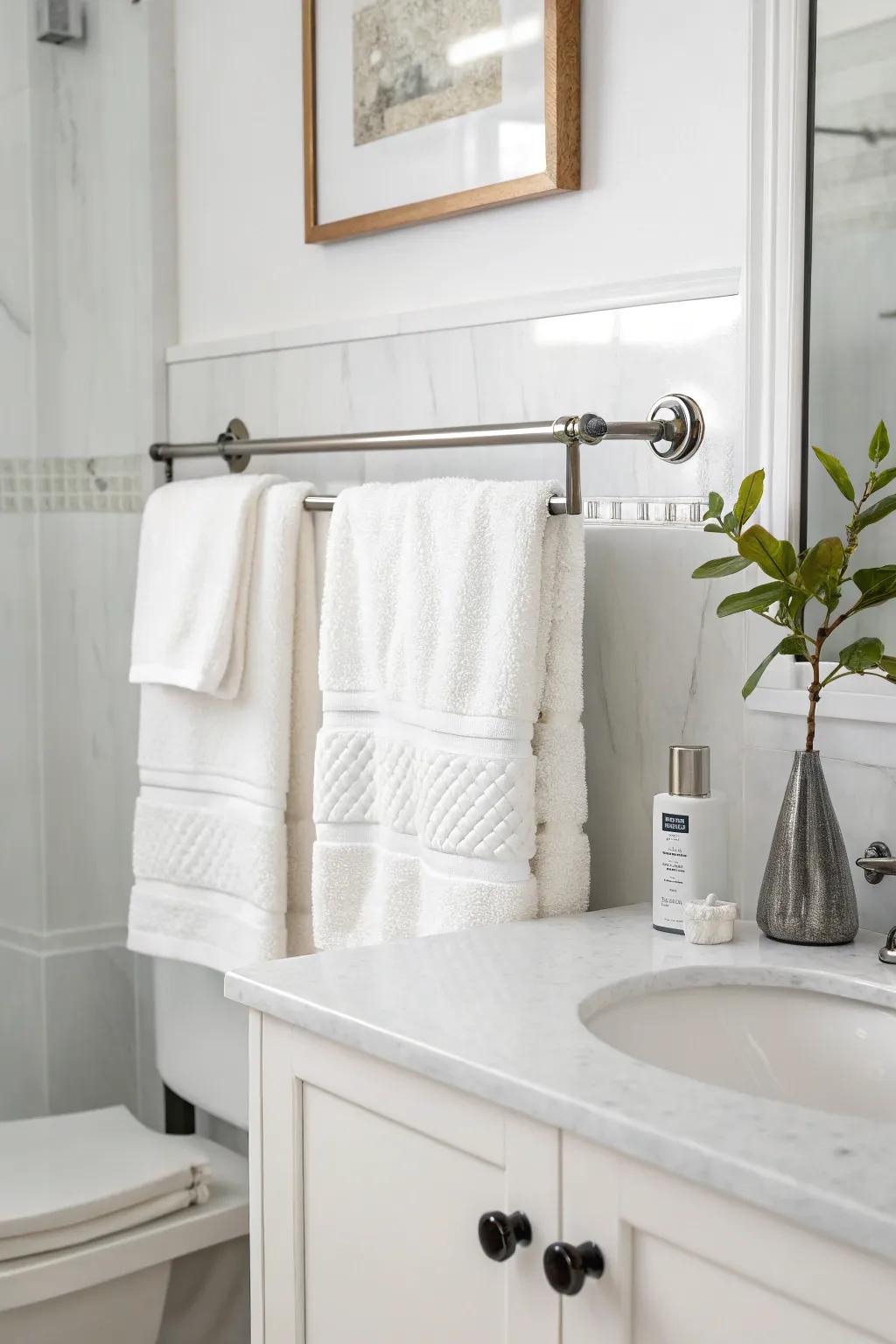 Streamlined rods provide a sleek and contemporary towel display.