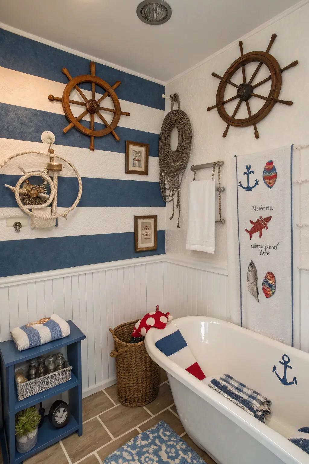 Sail away with a maritime-themed restroom brimming with nautical charm.