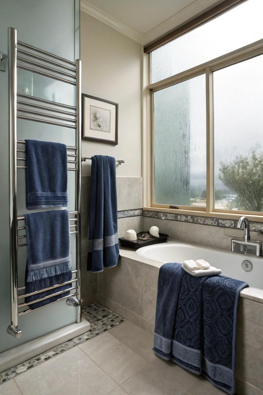 Midnight and argent weaves create a serene spa-like ambiance.