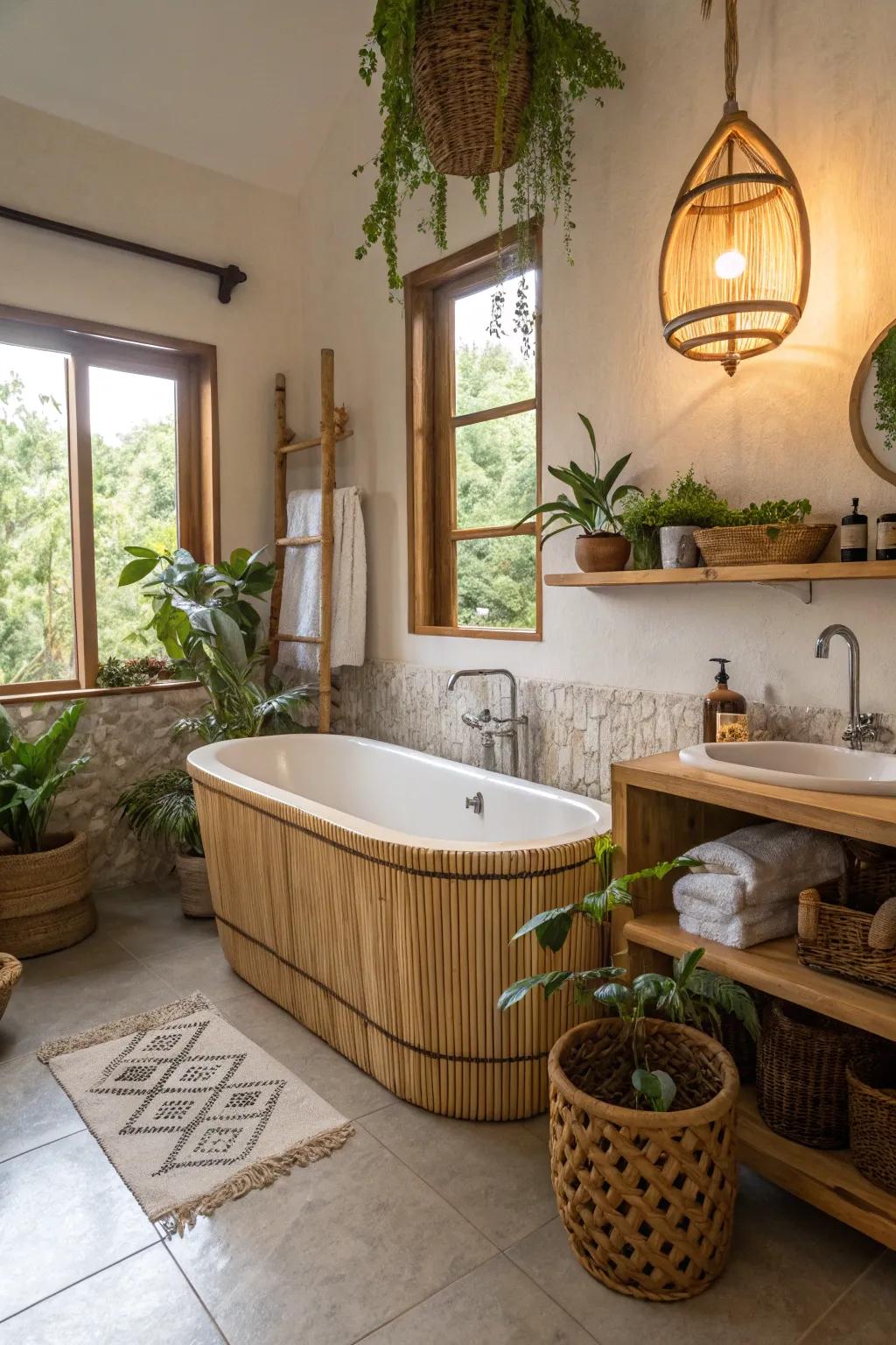 Merge sustainability with style using a bamboo bathtub accent.