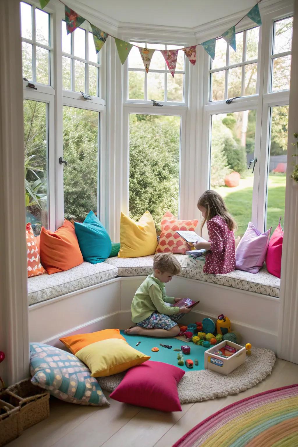 A children's play area by the bay window is both fun and functional.
