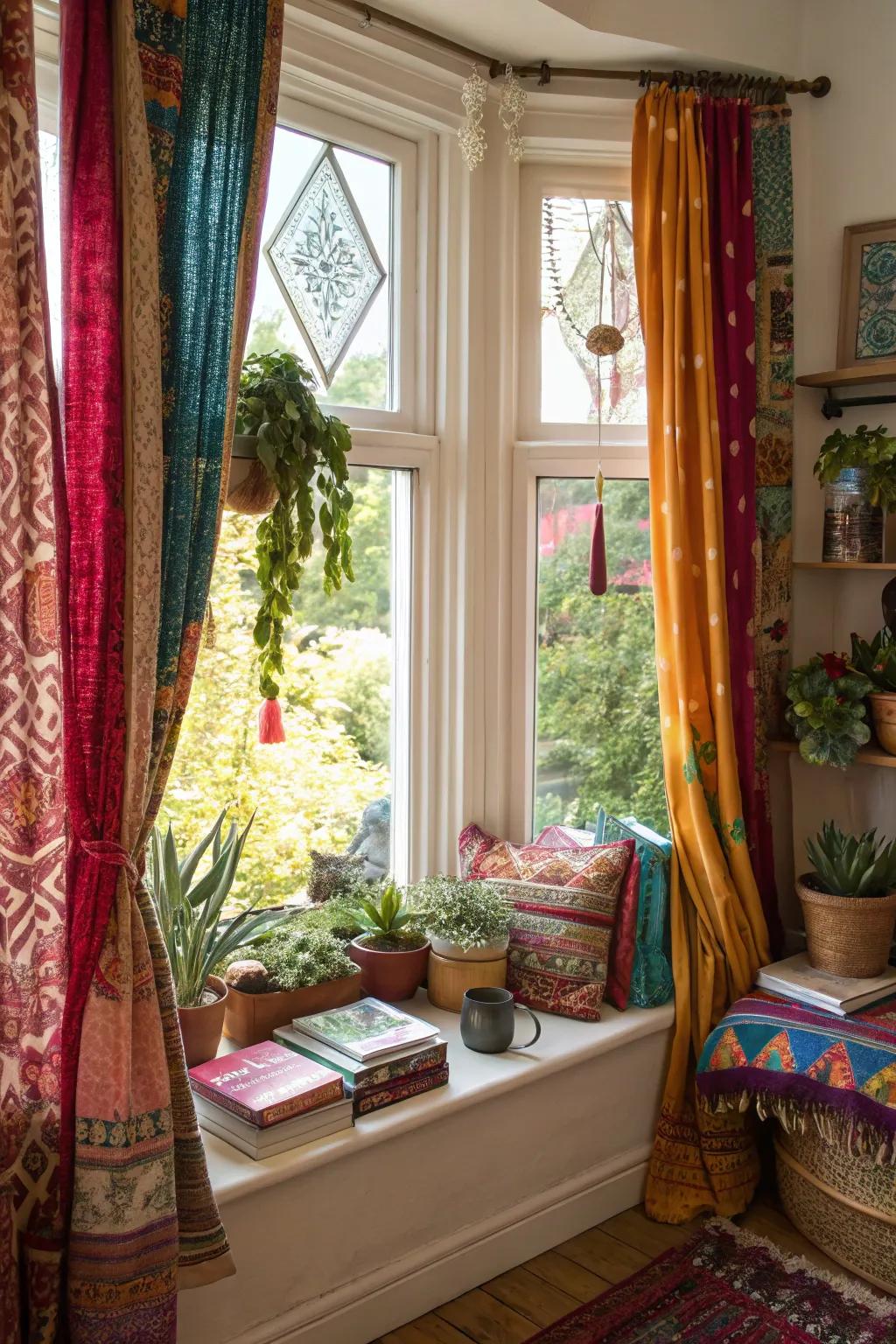 Infuse a boho vibe into your bay window with vibrant textiles and décor.