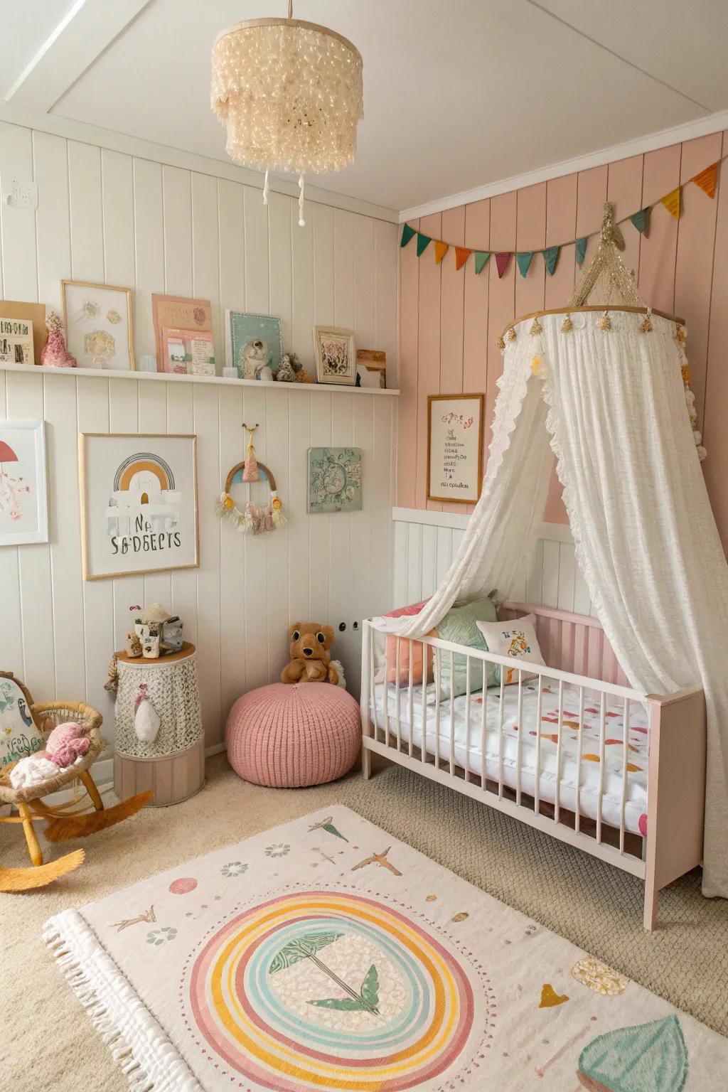A playful nursery with paneling divider.