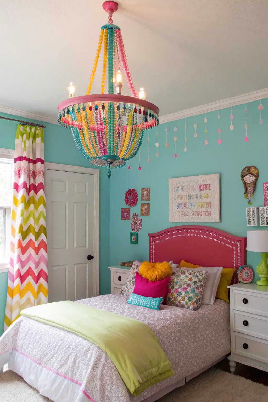 Add personality with a colorful chandelier.