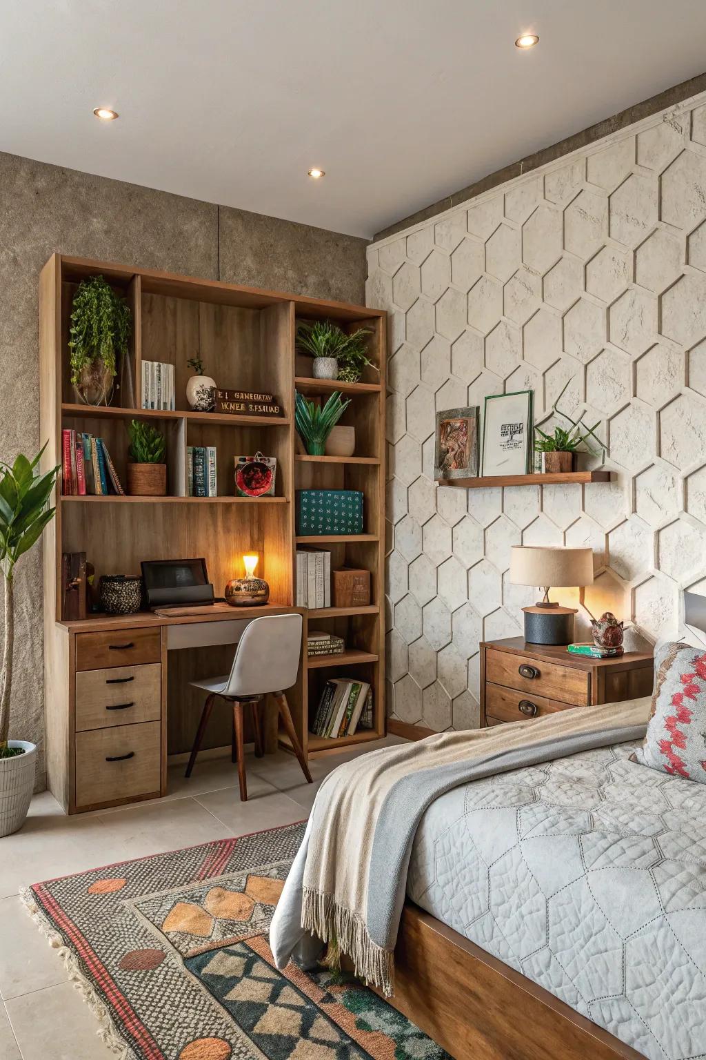 Introduce depth via implementation of textured wall cubbies.