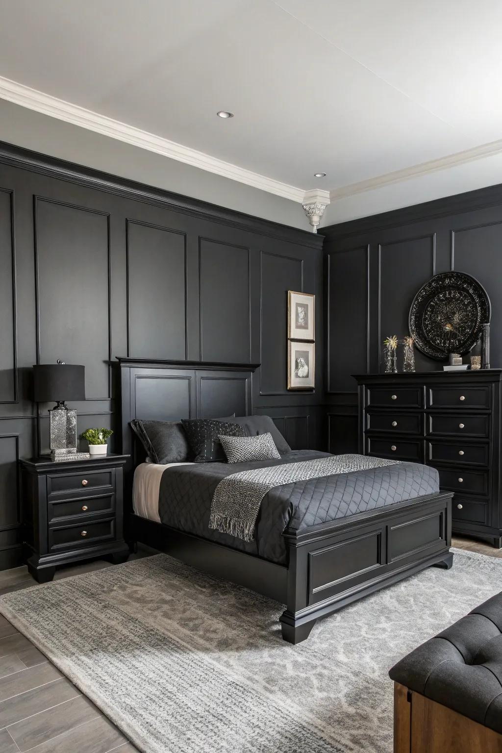 A single-hue pattern featuring ebony furniture appends dimension and a contemporary sharpness.