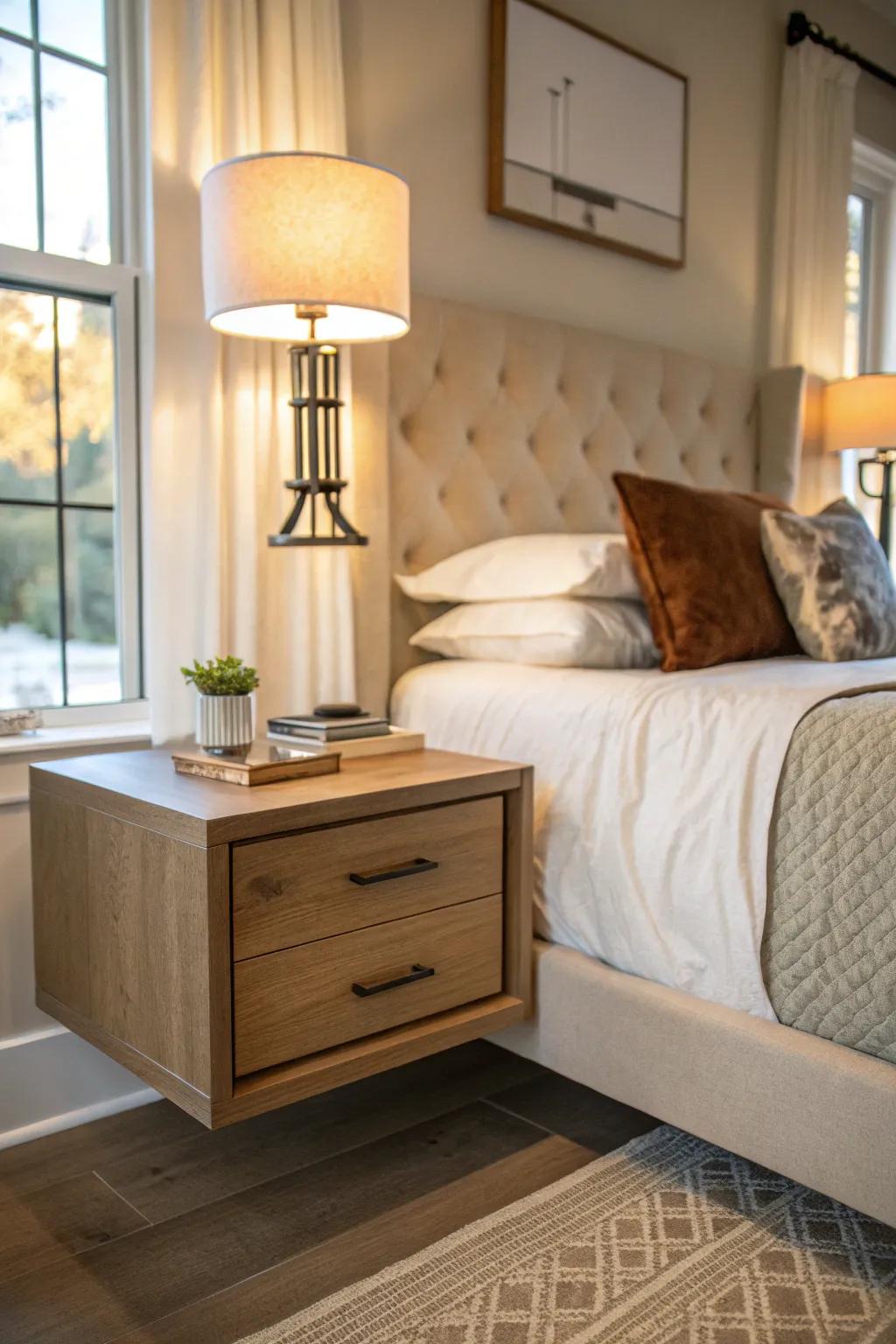 A modern bedroom featuring a space-saving hanging bedside table.