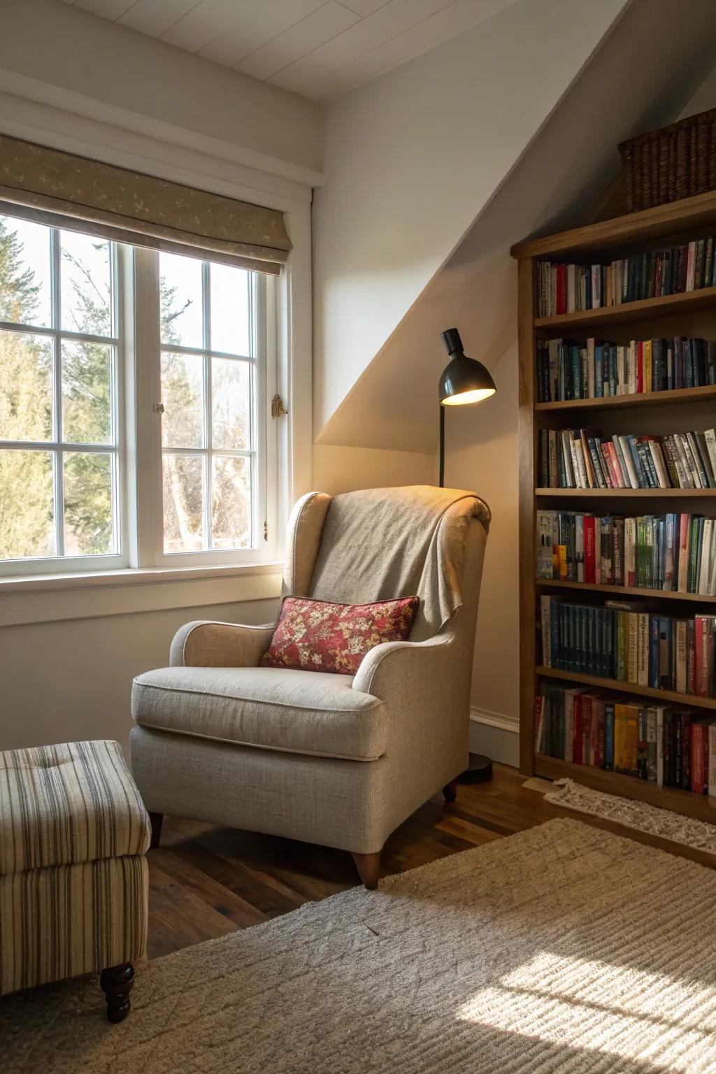 A perusal alcove furnishes a flawless retreat for relaxation and escape.