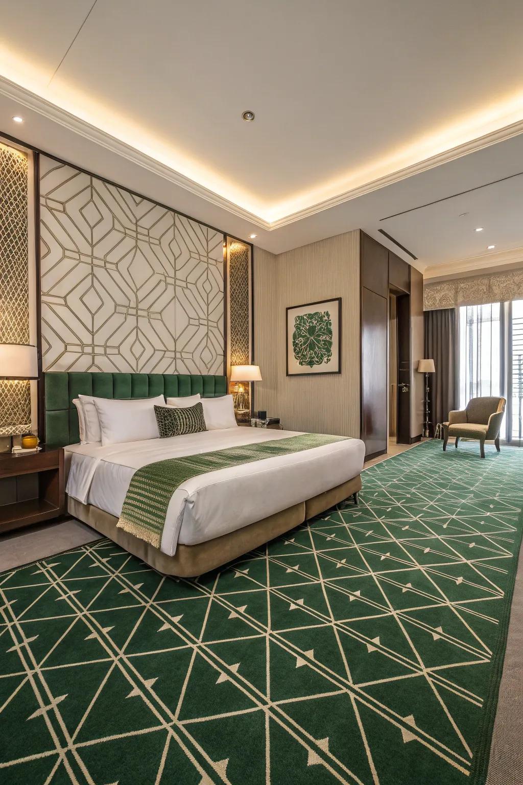 The structured aesthetic of the room is enhanced with the introduction of geometric patterns.