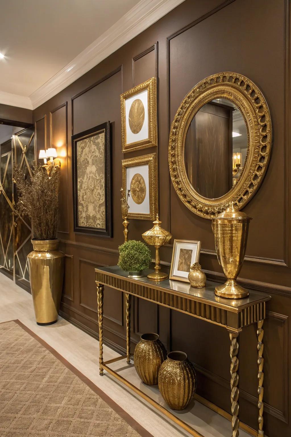 Allure encounters comfort through brown and metallic combinations.