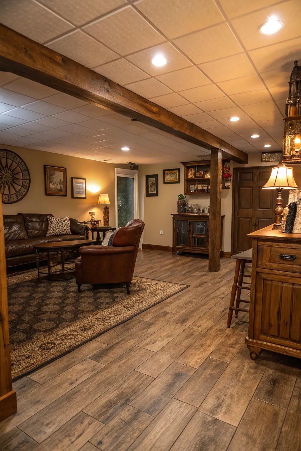 Expansive vinyl planks infuse basement floors with countryside charm.