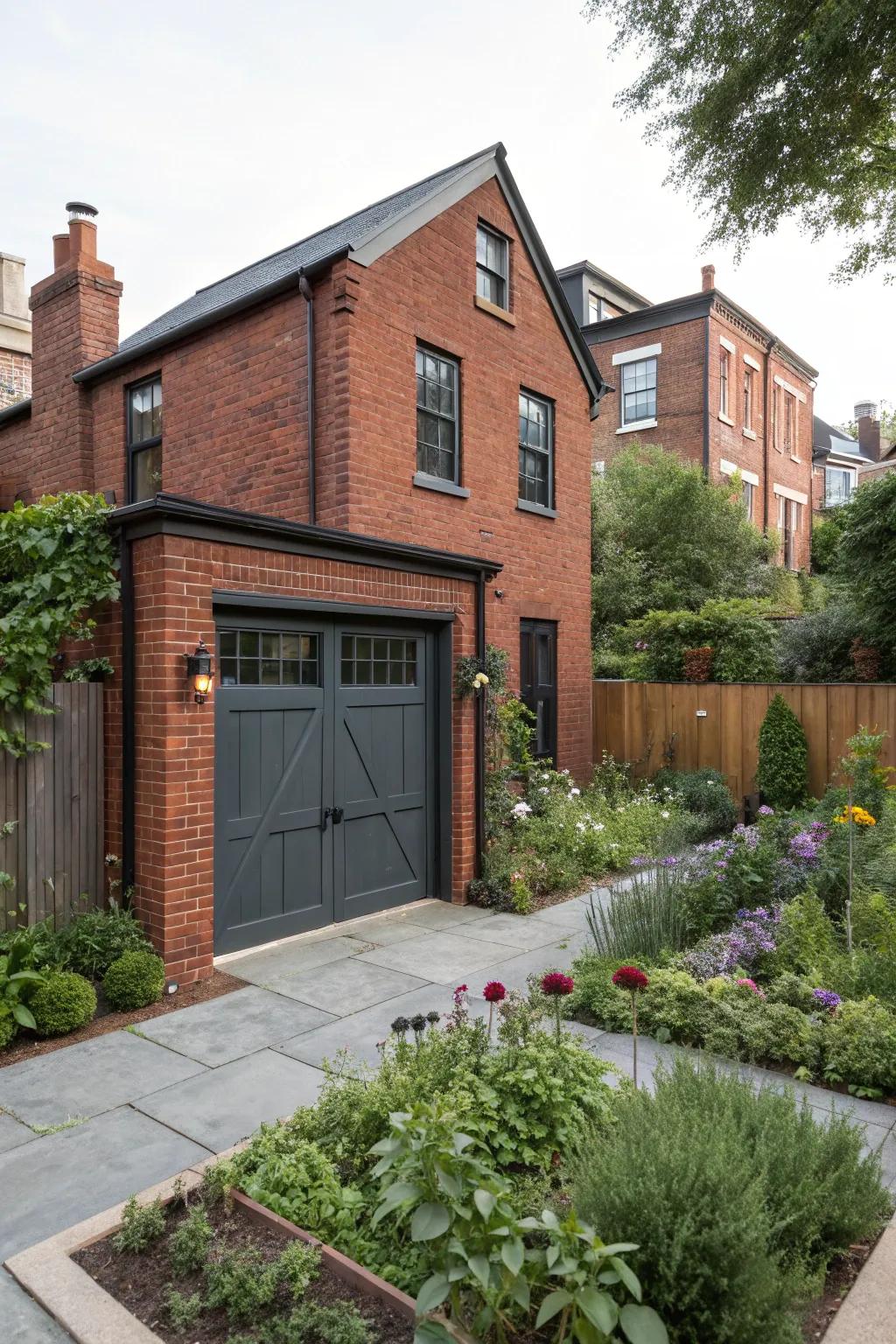 Graphite garage doors provide an urban chic style to red brick homes.