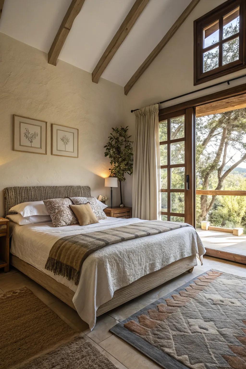 A sizable bedroom with a uniquely positioned bed creating a striking focal point.