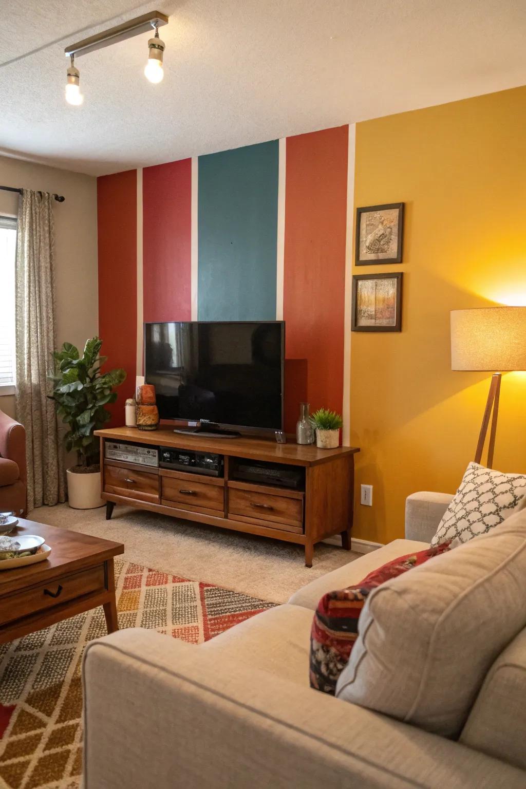 A color-blocked wall renders the television a standout feature.