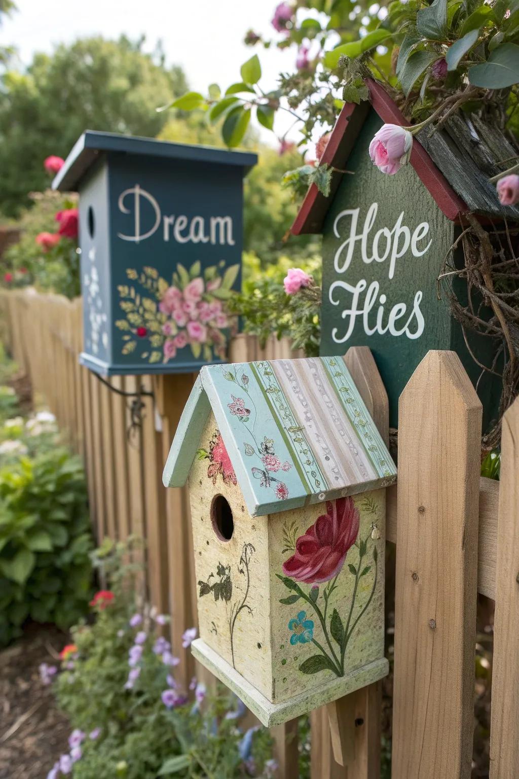 Avian dwellings with messages contribute optimism and allure to the fence.