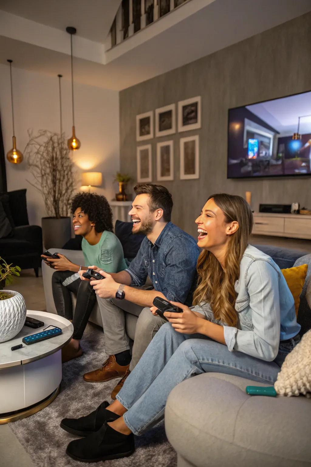 Friends actively enjoying group play within a stylish setting.