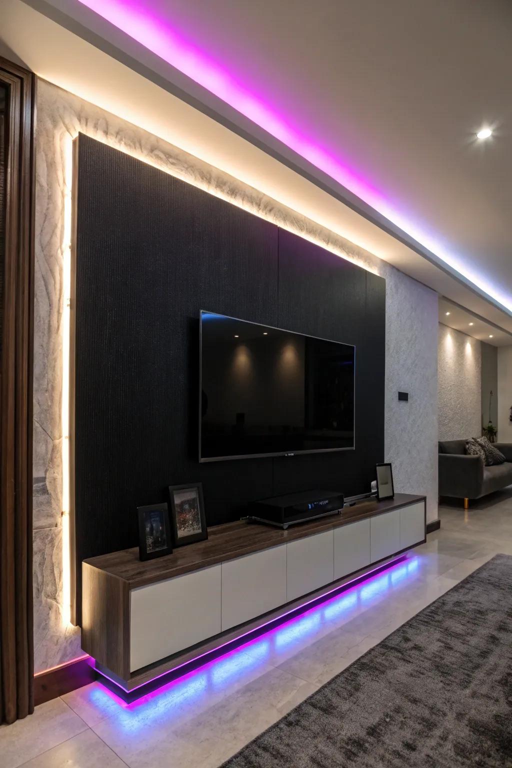 Intelligent illumination appends a dynamic and customizable component to a dark-painted focus wall.