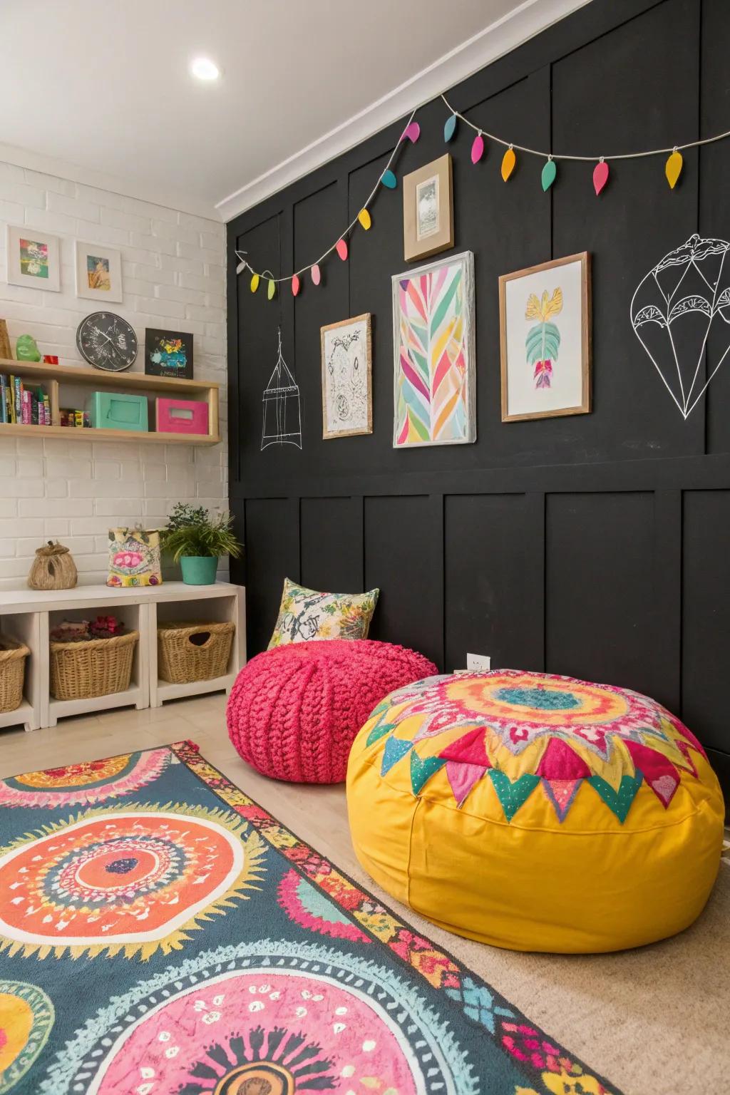 An area in which an ebony accent wall is paired with vibrant colorful ornaments for a striking juxtaposition.