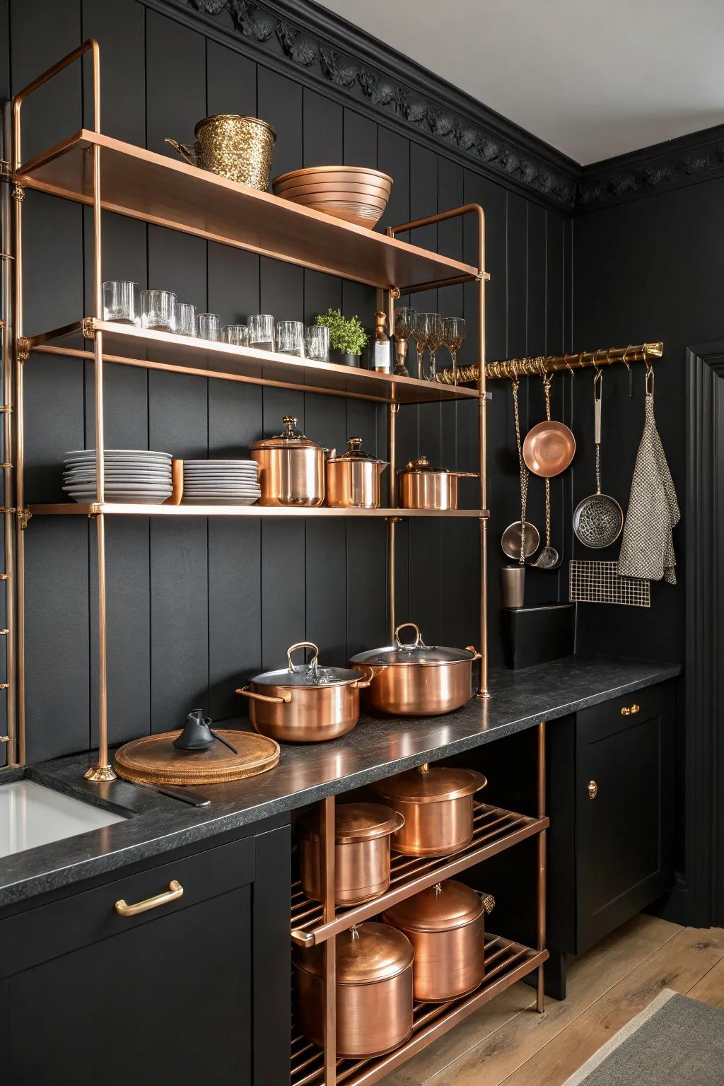 Bronze shelves offer functional elegance in a modern kitchen.