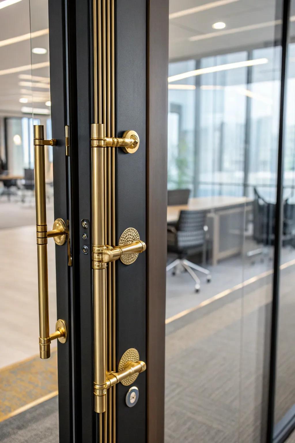 Gilded-accented door levers add a subtle luxurious touch to your office.