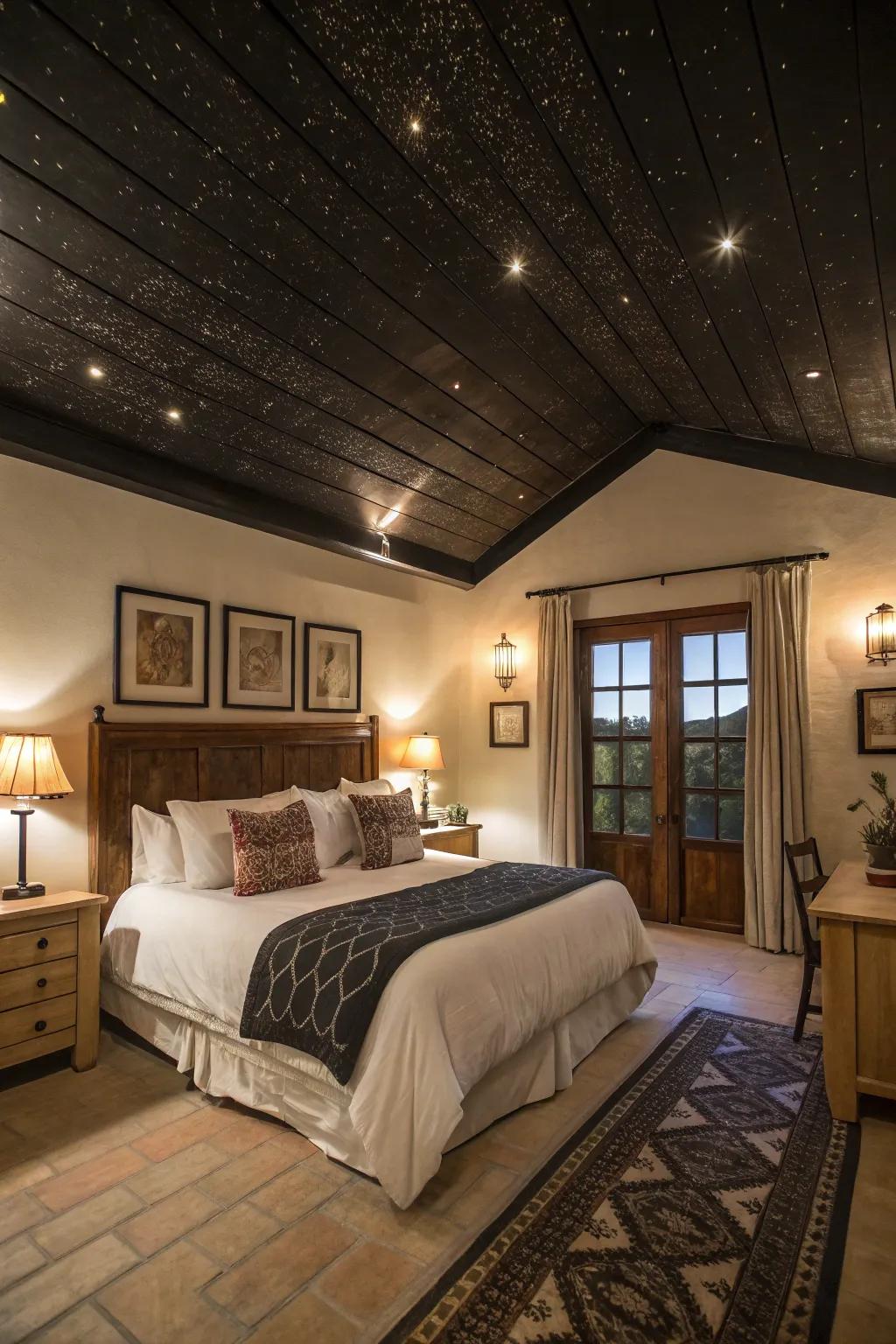A bedroom featuring a dark painted ceiling, creating a cozy atmosphere.