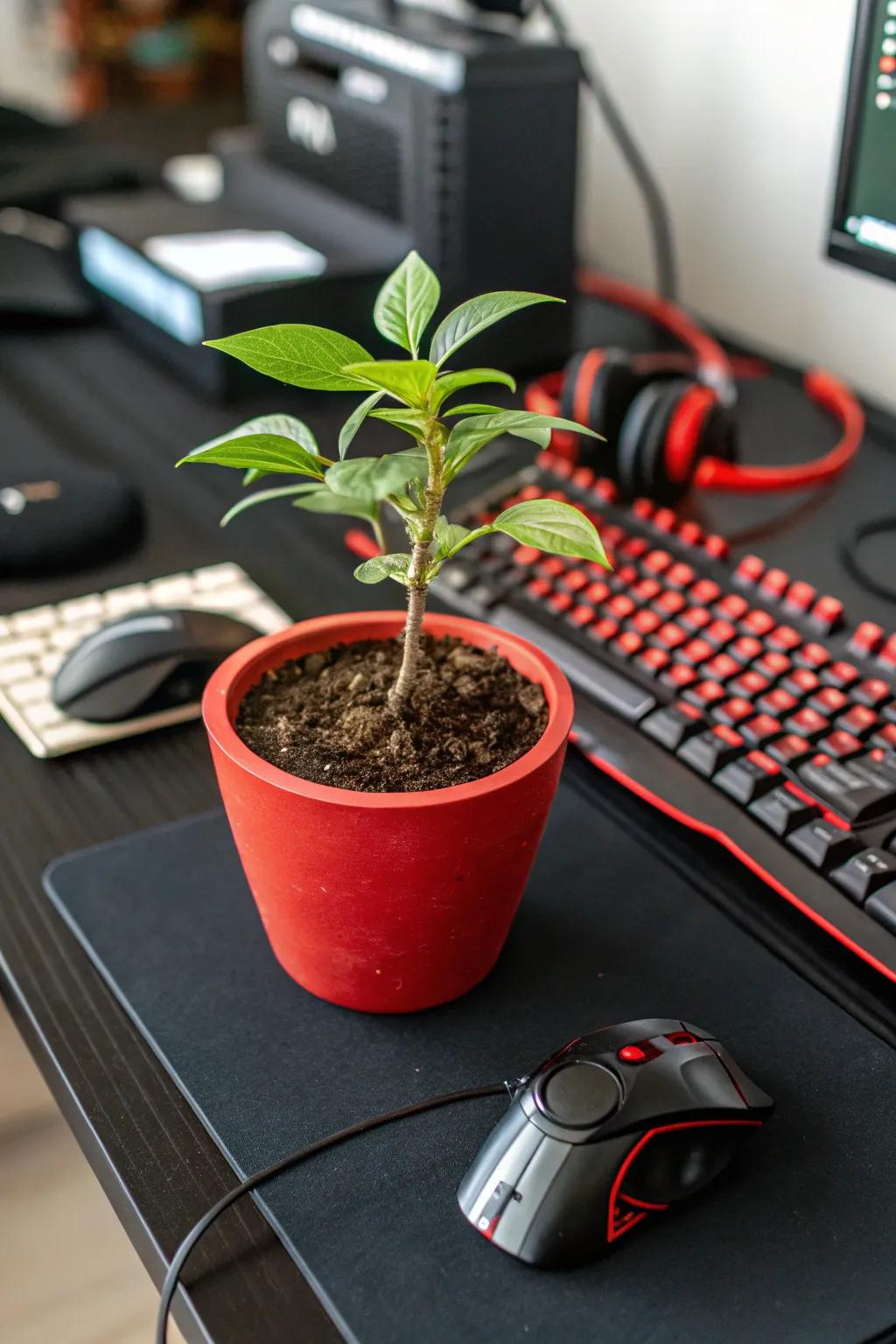 A compact plant sitting in a scarlet planter incorporates a natural essence into the high-tech configuration.