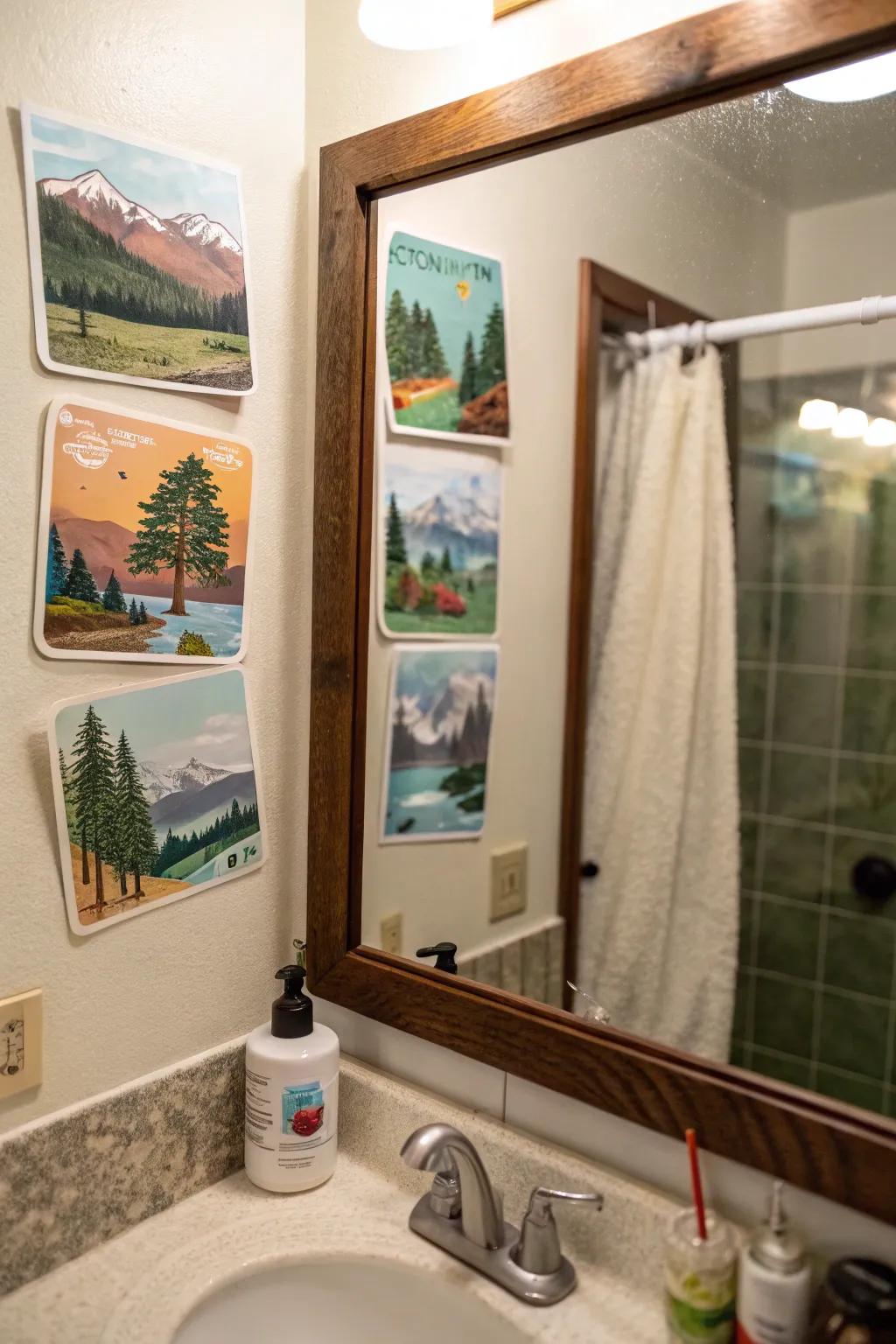 Nature scene stickers creating a tranquil bathroom ambiance.