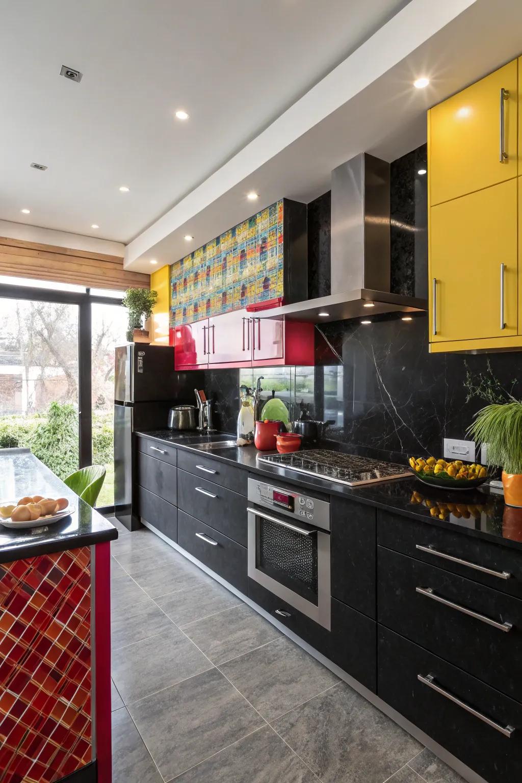 High contrast highlights impart energy to ebony countertops.