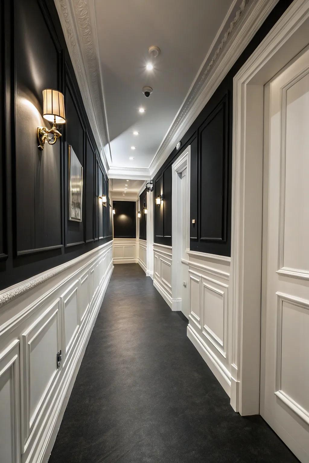Design specifics introduce dimension and sophistication to a black hallway.