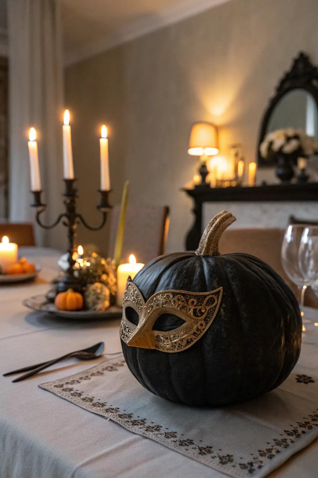 A dark-hued pumpkin with a masquerade visage, ideal for an elegant All Hallows' Eve repast.