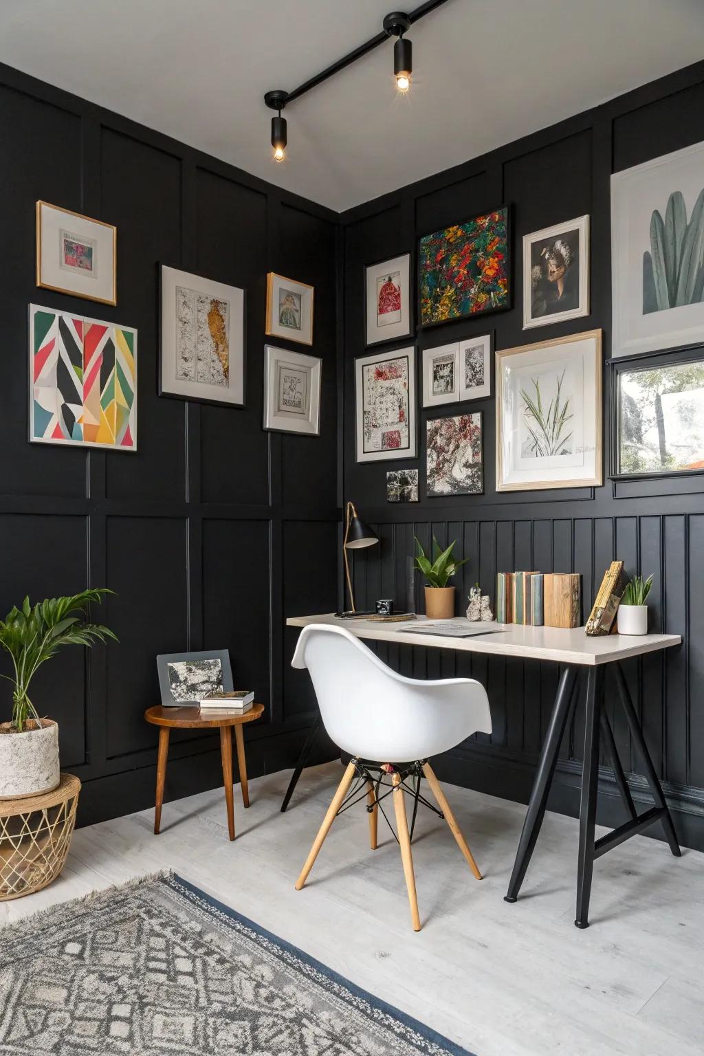 Creative studio featuring a sophisticated dark wainscoting backdrop.