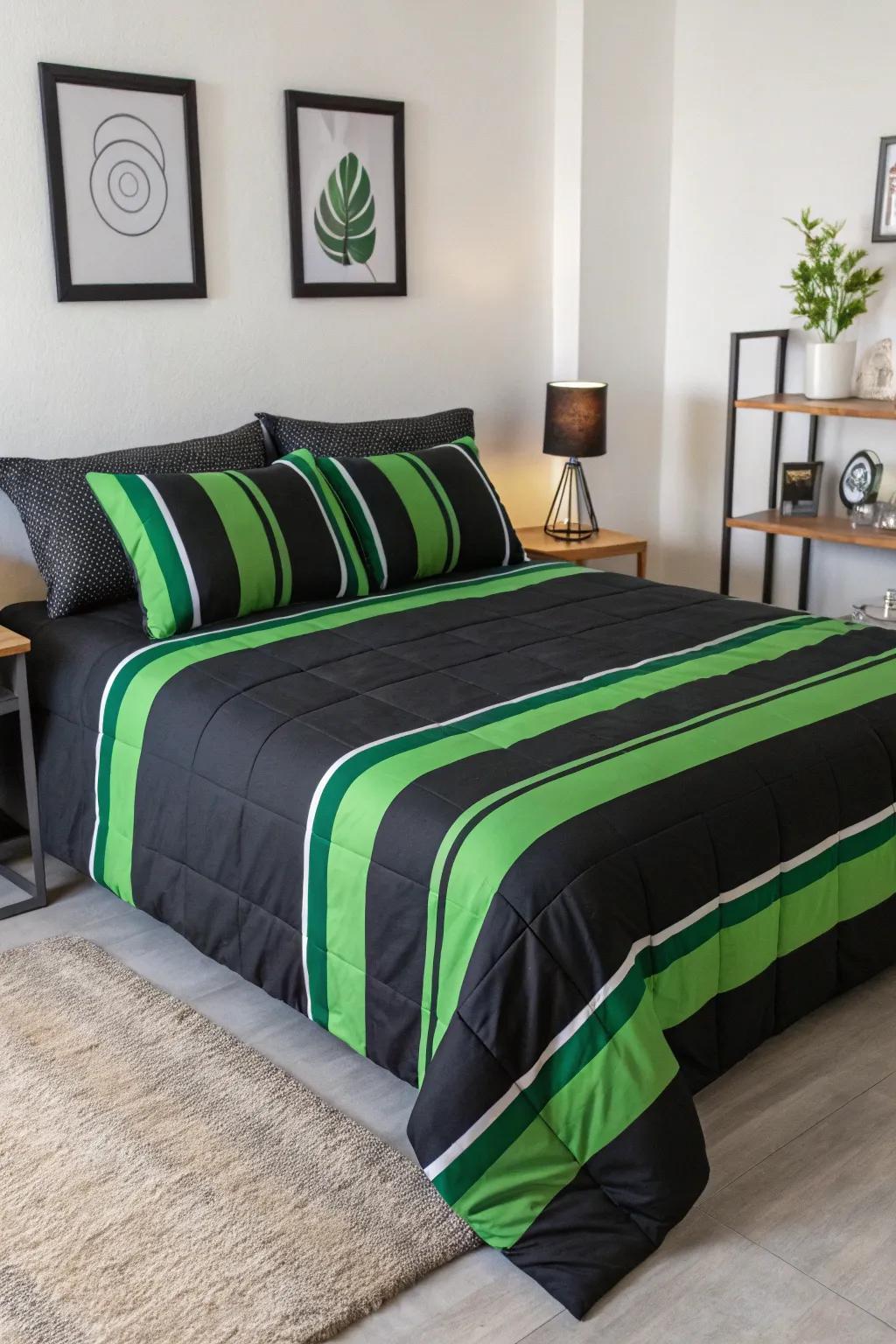 Barred bedding adds bold simplicity to the bedroom.