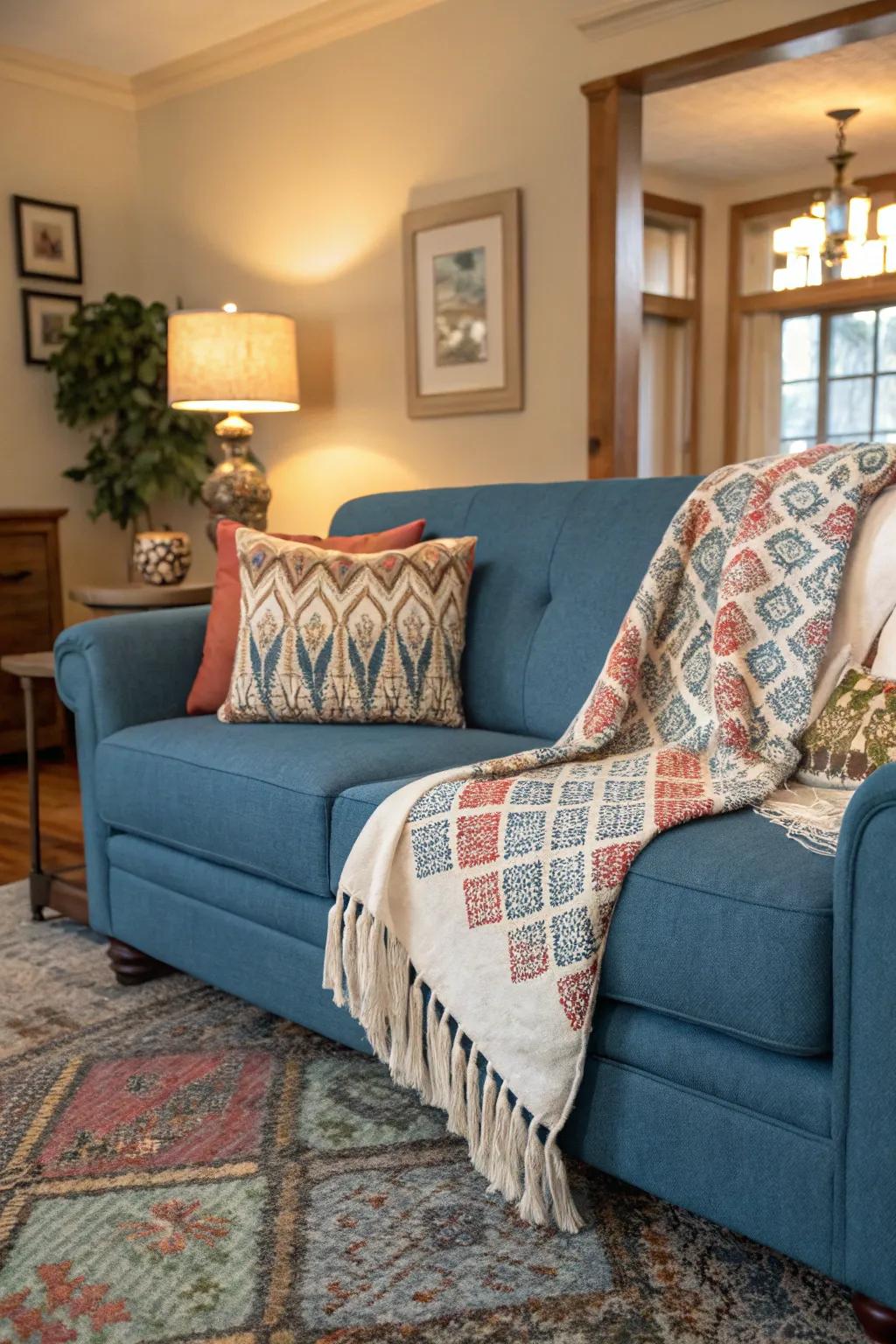 The couch is made more comfortable and fashionable by a cozy throw.