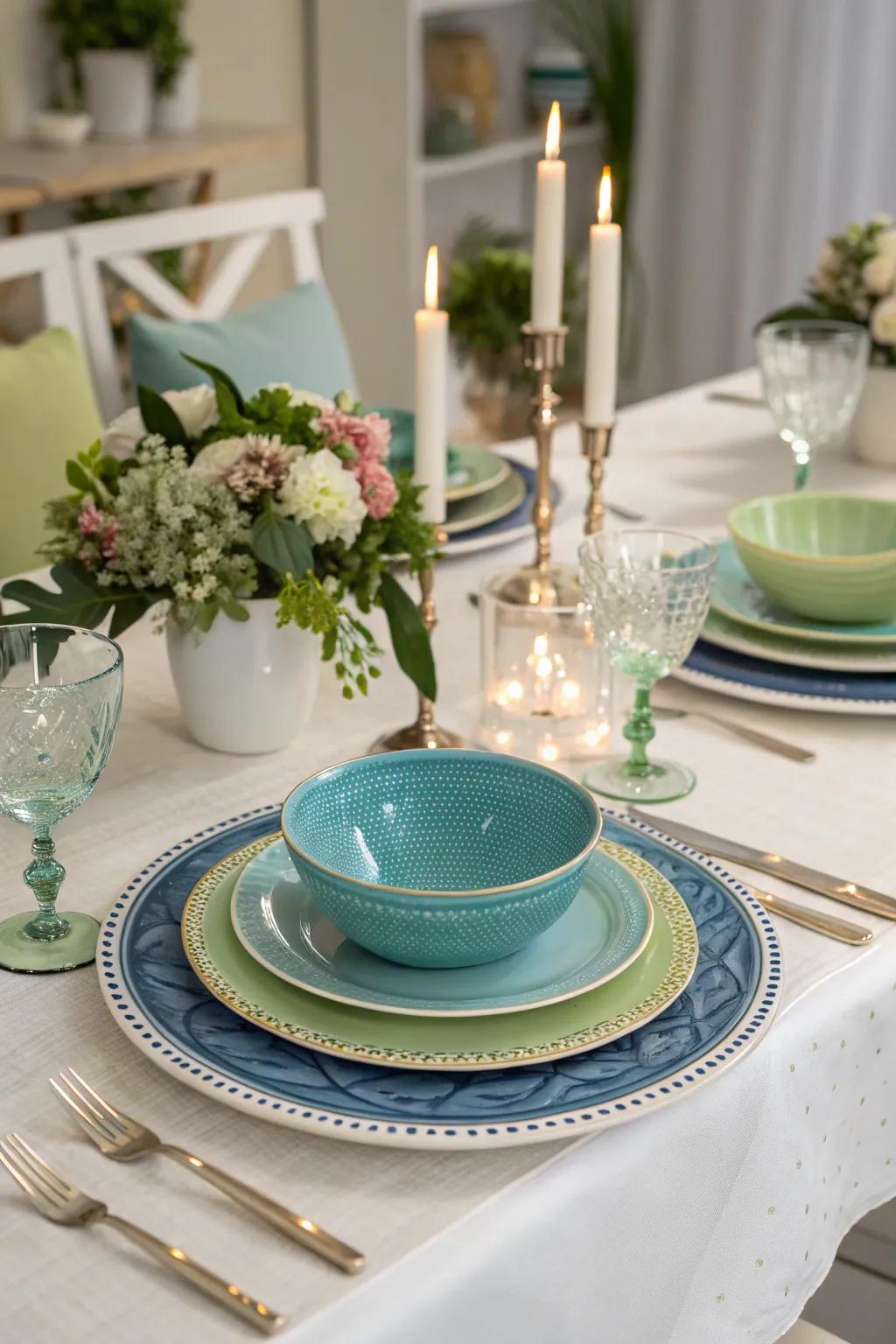 Colorful tableware conveys charm to feasting.