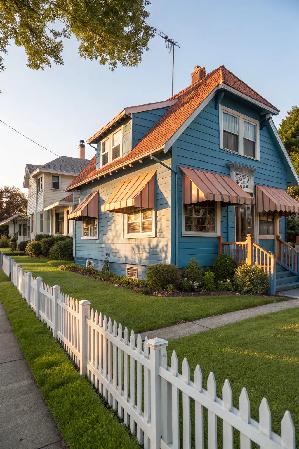 Bronze features offer a warm contrast to blue exteriors.