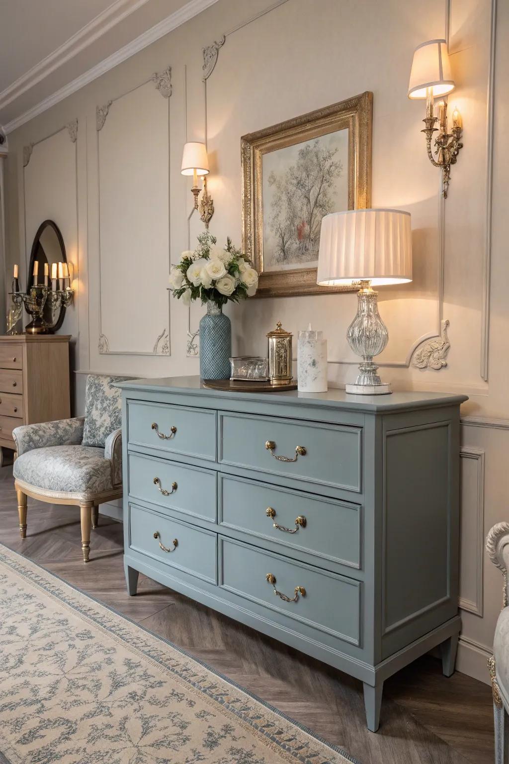A muted blue-gray dresser delivering subtle refinement.