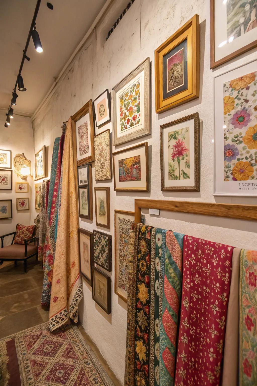 Historical richness and beauty are layered into this bohemian wall through the inclusion of enclosed period textiles.
