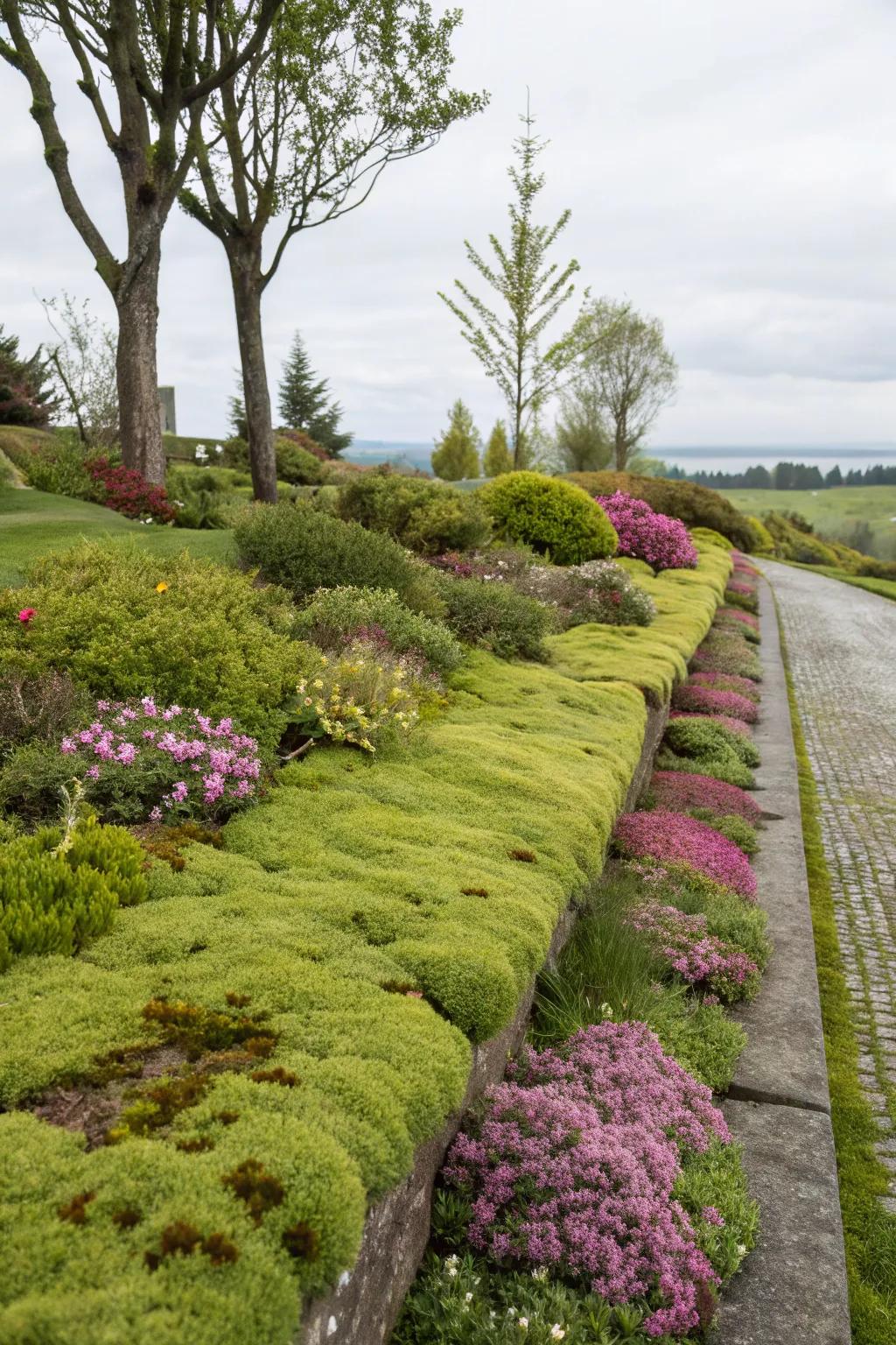 A gentle, lush garden border showcasing moss and groundcovers.