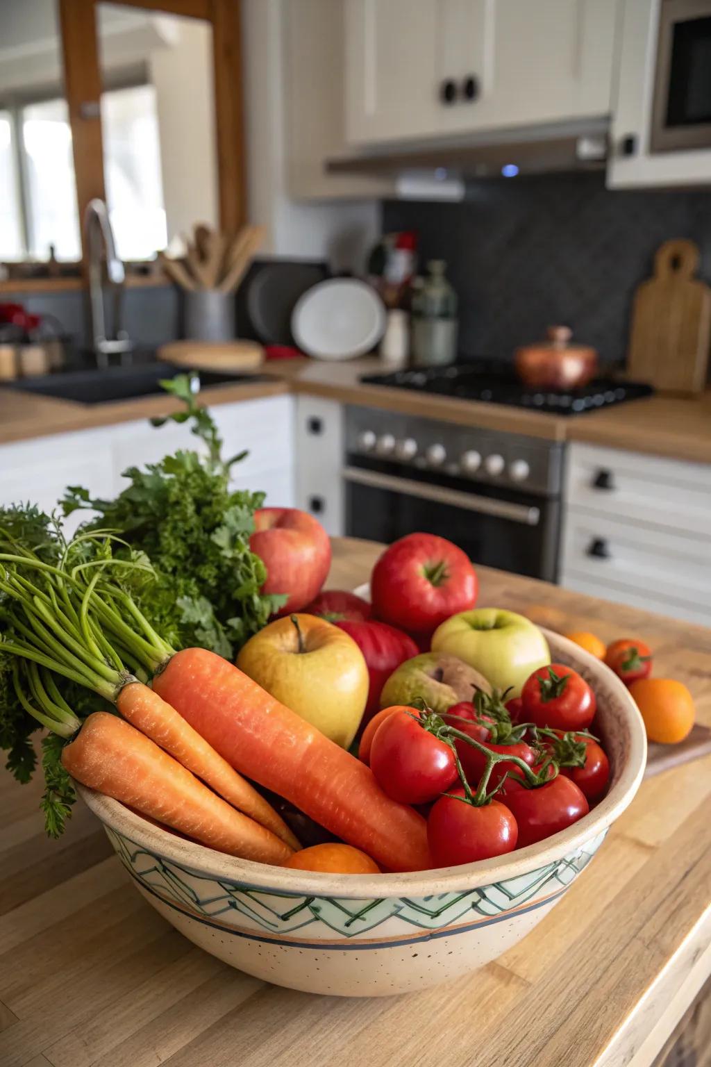 A ceramic bowl overflowing with fresh fruits, unifying color with utility