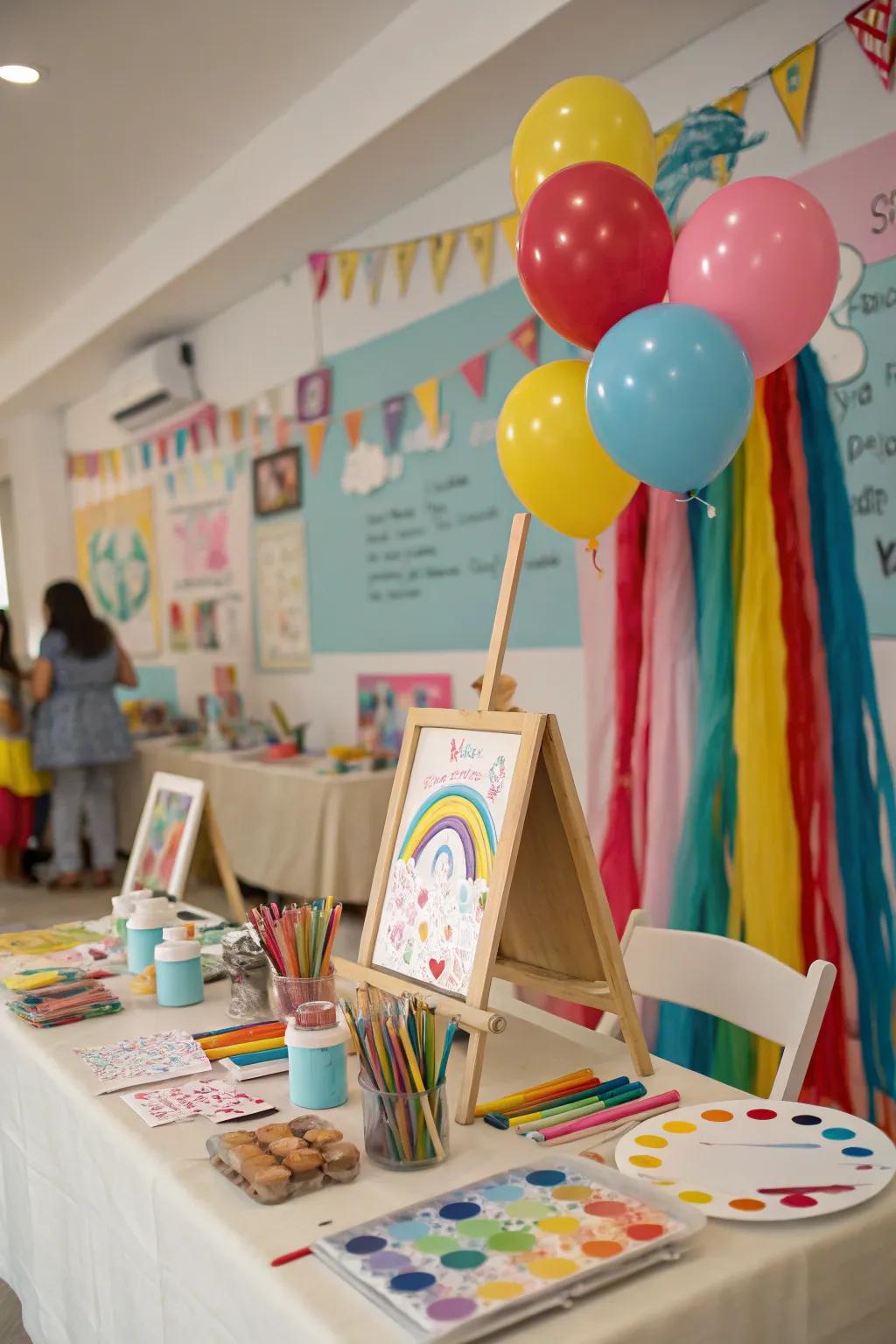 Art-inspired baby shower with colorful and creative components