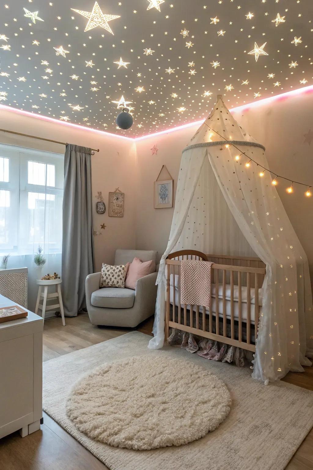 An accent ceiling adds a magical touch to the nursery.