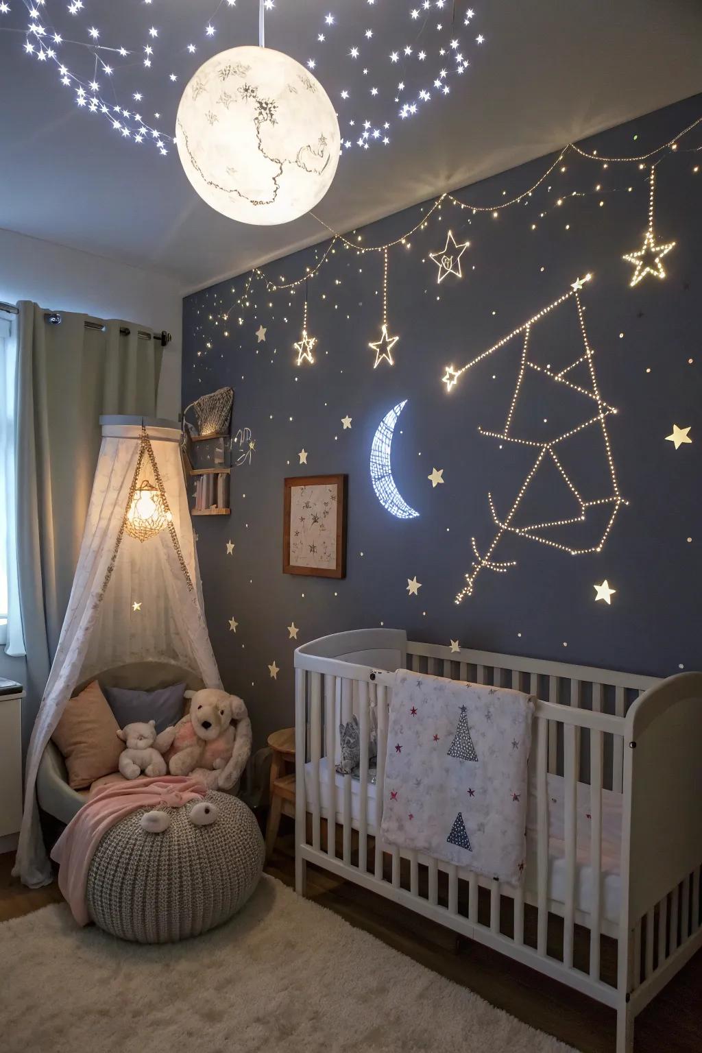 Dream beneath the constellations within a celestial-styled nursery.