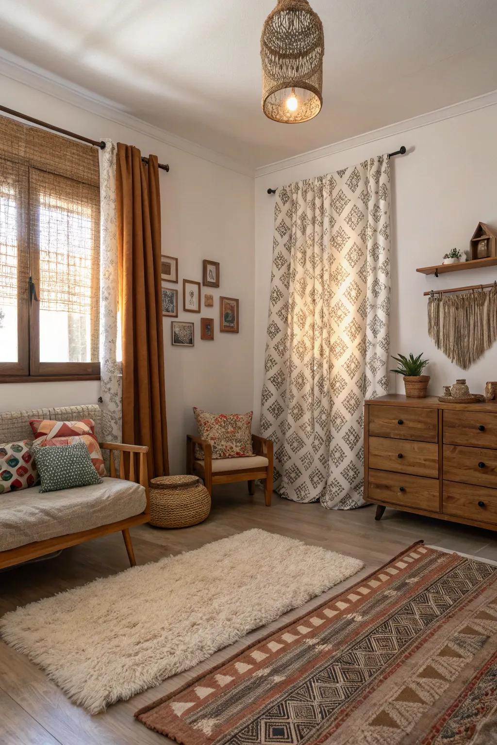 Mixing materials contributes warmth and depth to the shared quarters.