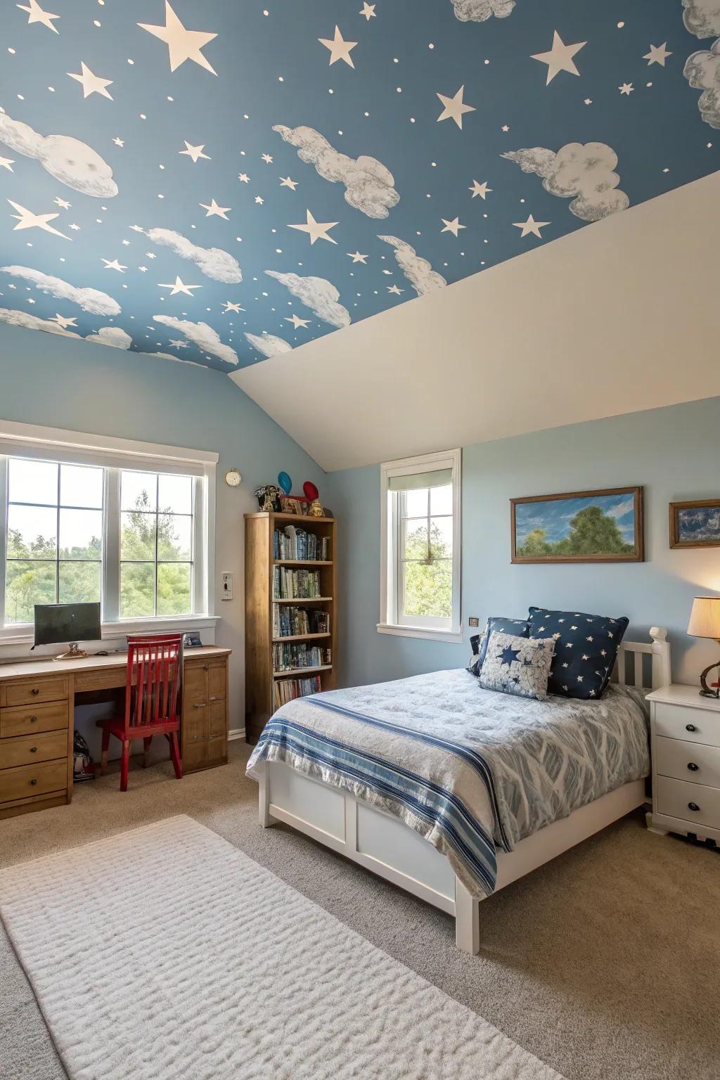 A highlight ceiling introduces a unique and immersive component to a boy's bedroom.