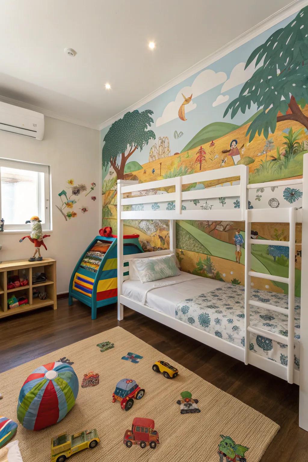 Wall artwork incorporates creative elements.