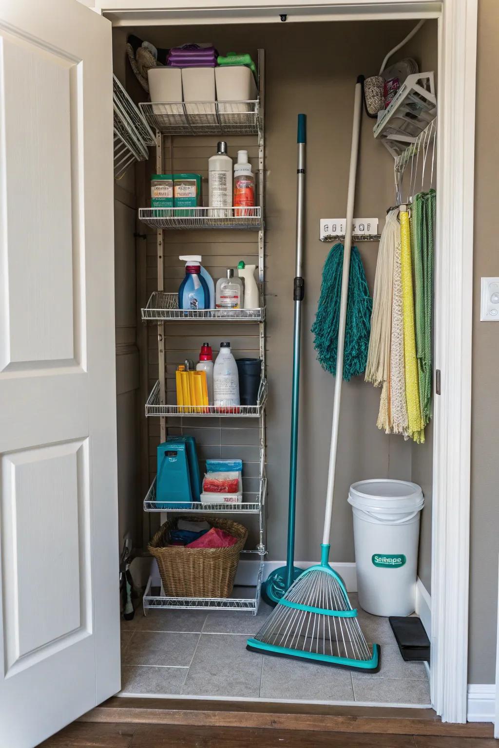 Wire shelving furnishes a versatile and breathable storage option.