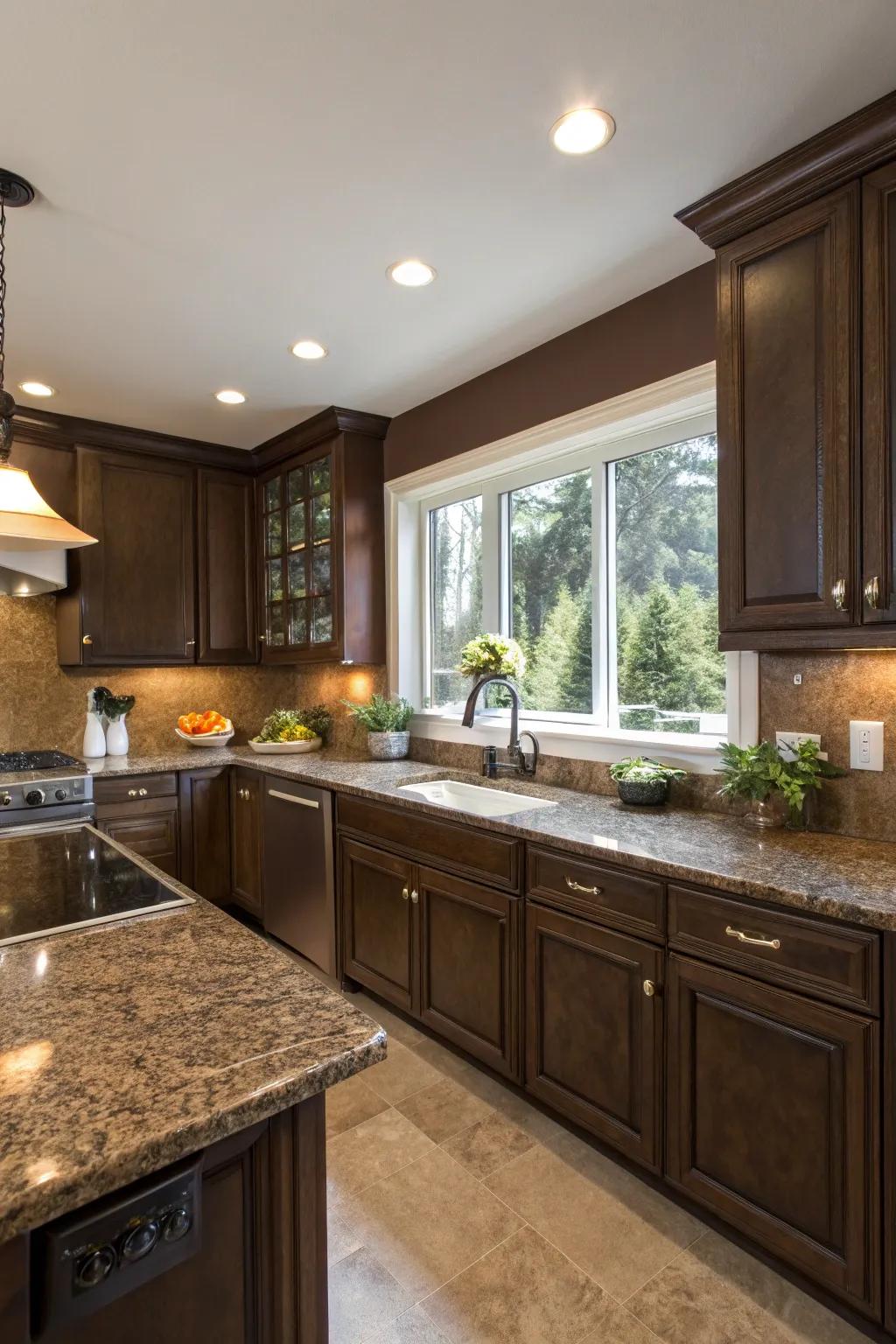 Bittersweet walls enhance the lavish feel of brown granite.