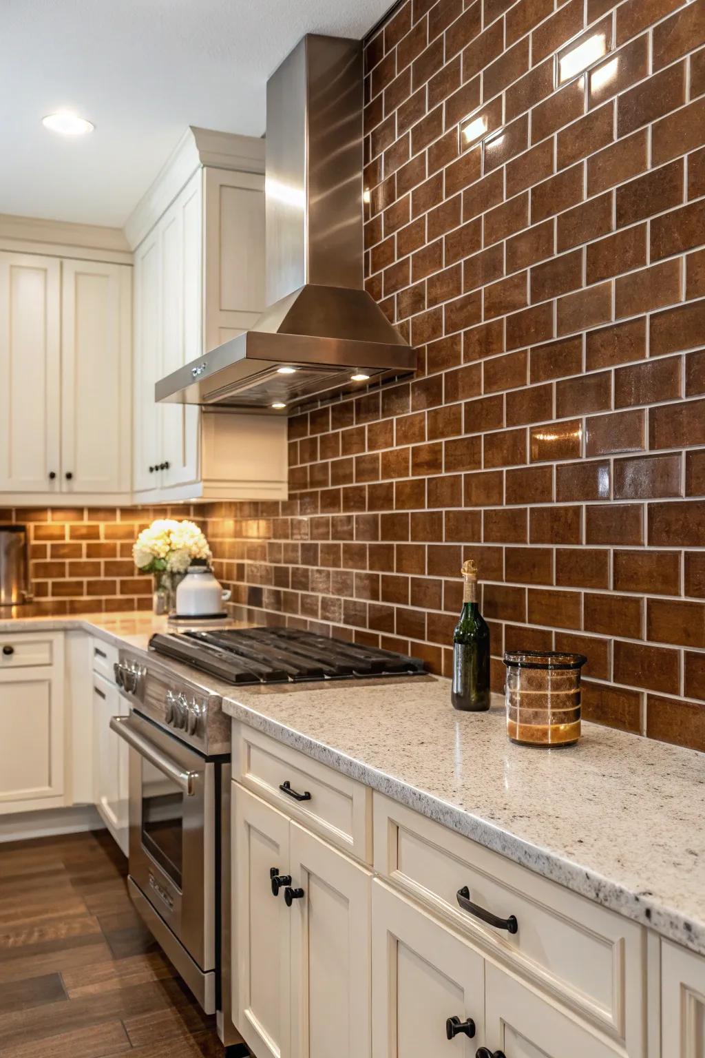 A brown backsplash appends texture and profundity to the kitchen.
