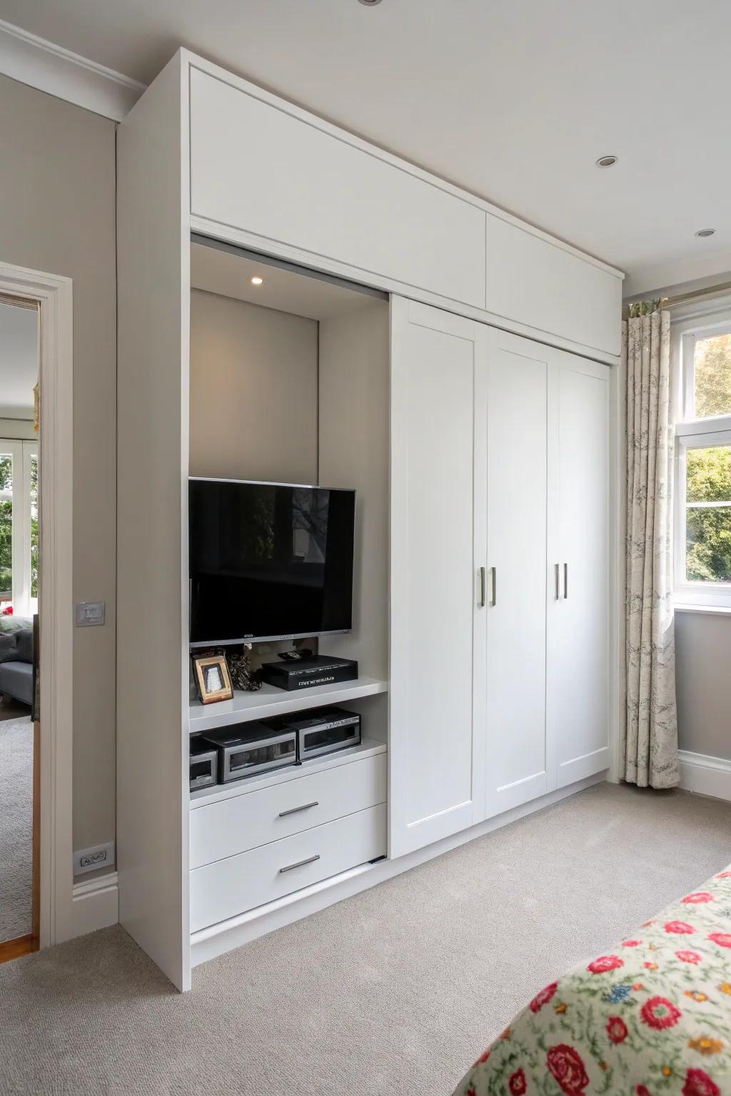 A hidden TV compartment maintains a sleek and tidy bedroom.